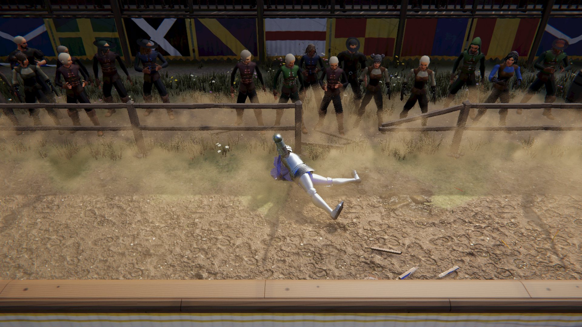 An unhorsed knight sliding through the sand